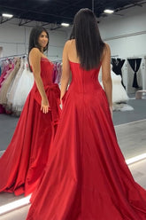 Red Prom Dress A-Line Strapless Beaded Long Formal Dress With Slit